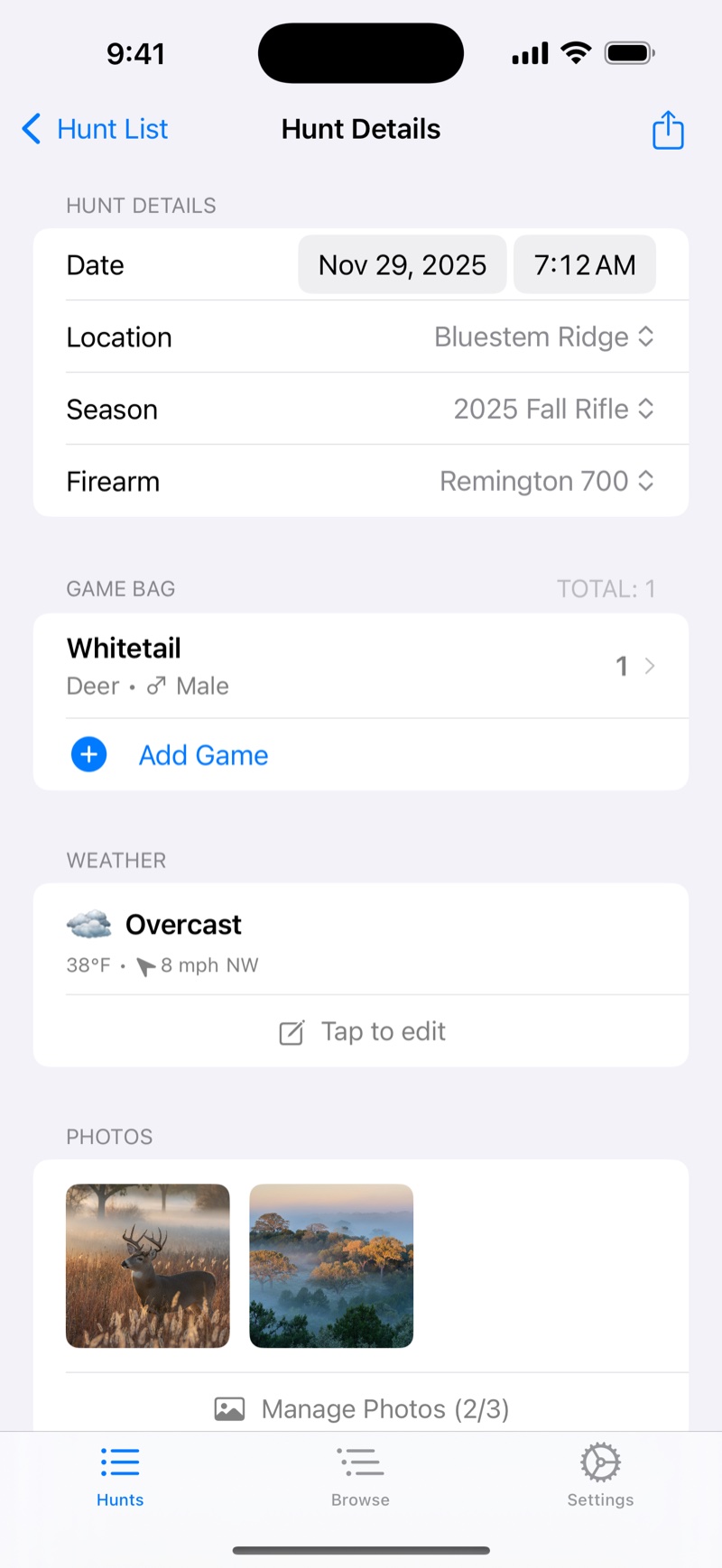 Hunting Bag hunt details on iPhone