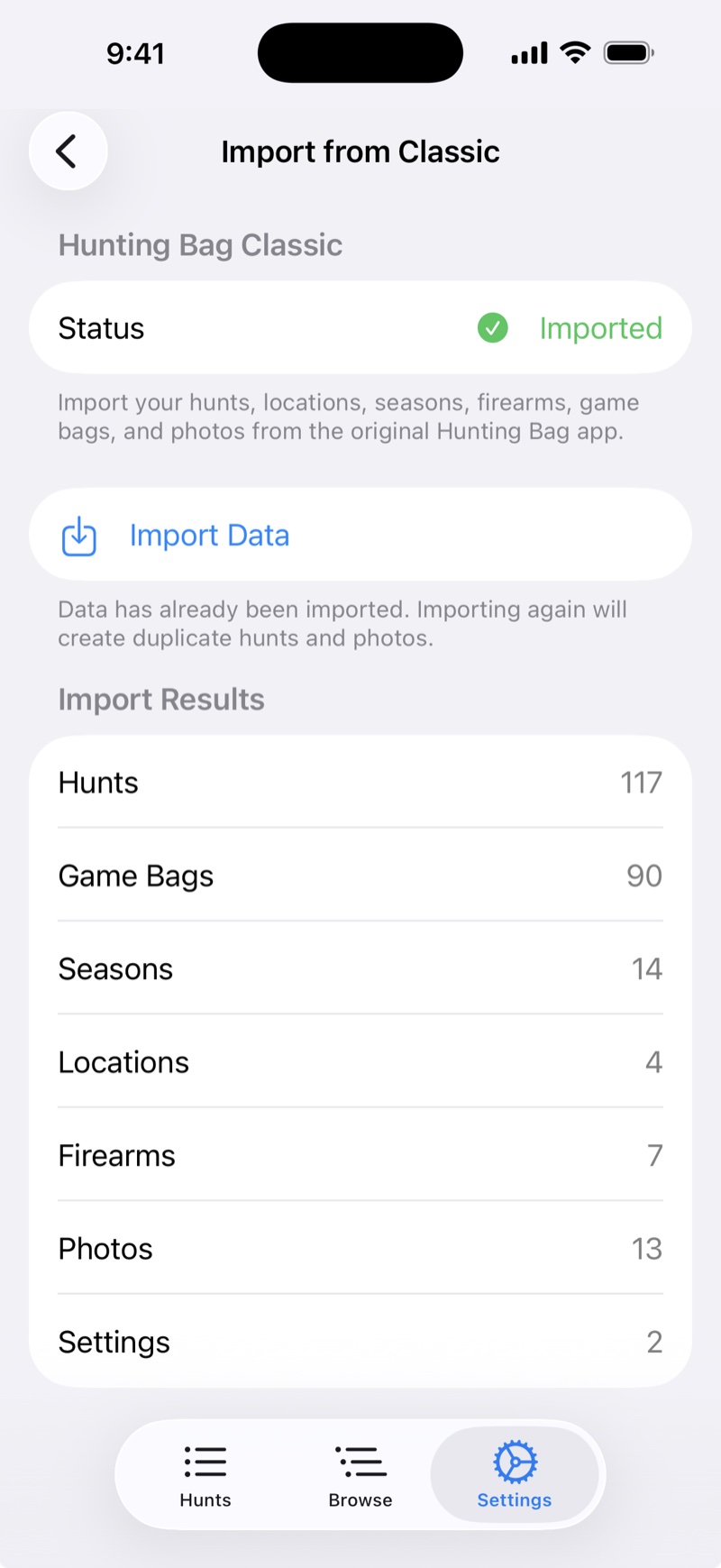 Import from Hunting Bag Classic showing imported hunts, game bags, photos, and settings